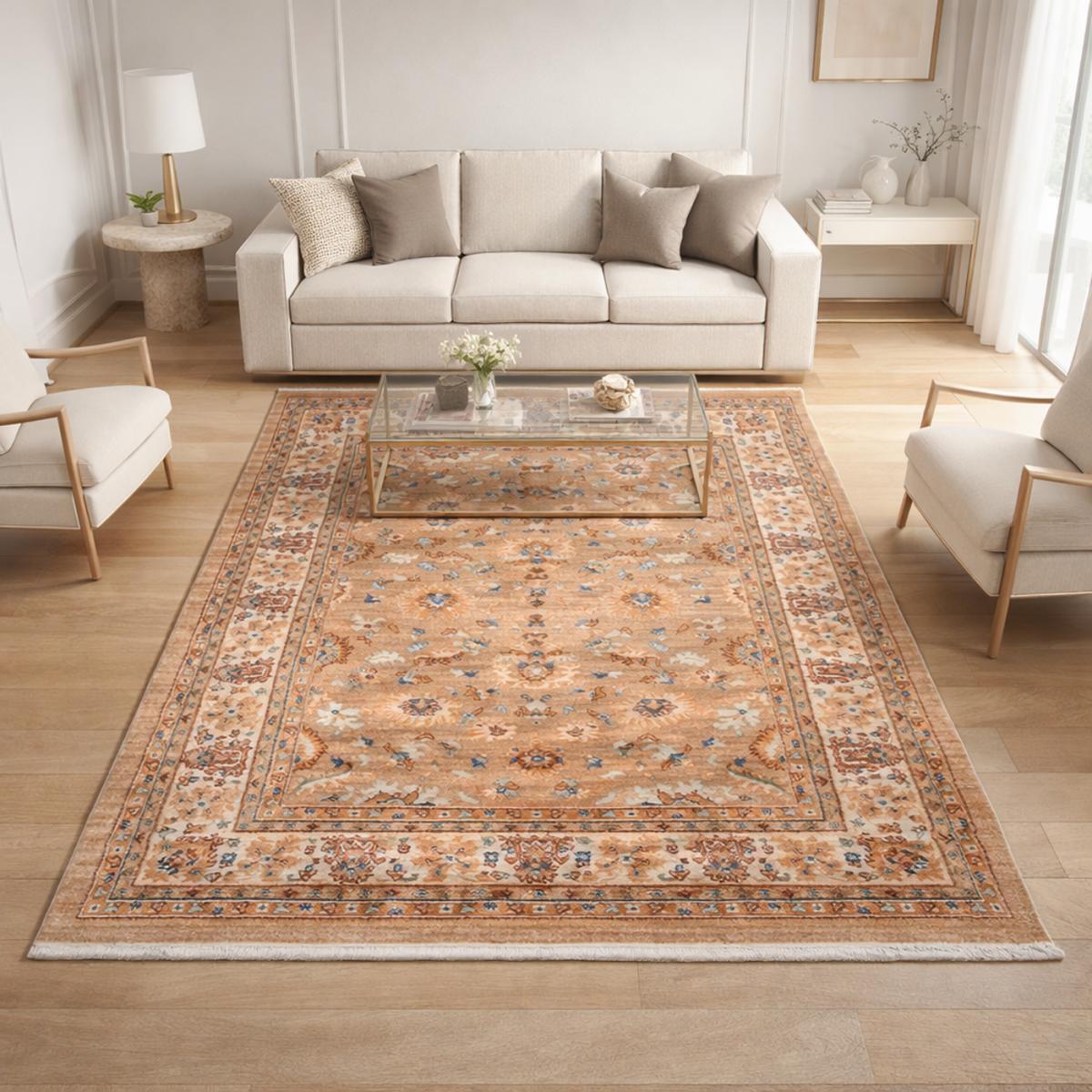 Tapis Boki rouge et beige aux motifs floraux d'inspiration Orientale
