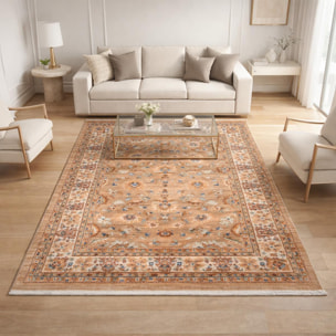 Tapis Boki rouge et beige aux motifs floraux d'inspiration Orientale