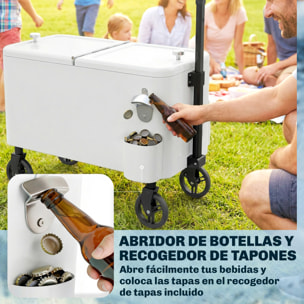 Carrito Nevera de 56L con Ruedas, Carro de Bebidas con Mango Ajustable, Abrebotellas, Recogetapas, Drenaje y Asa, Mesa Nevera Jardín Exterior para Patio, Fiesta, BBQ, 75x35x120 cm, Blanco