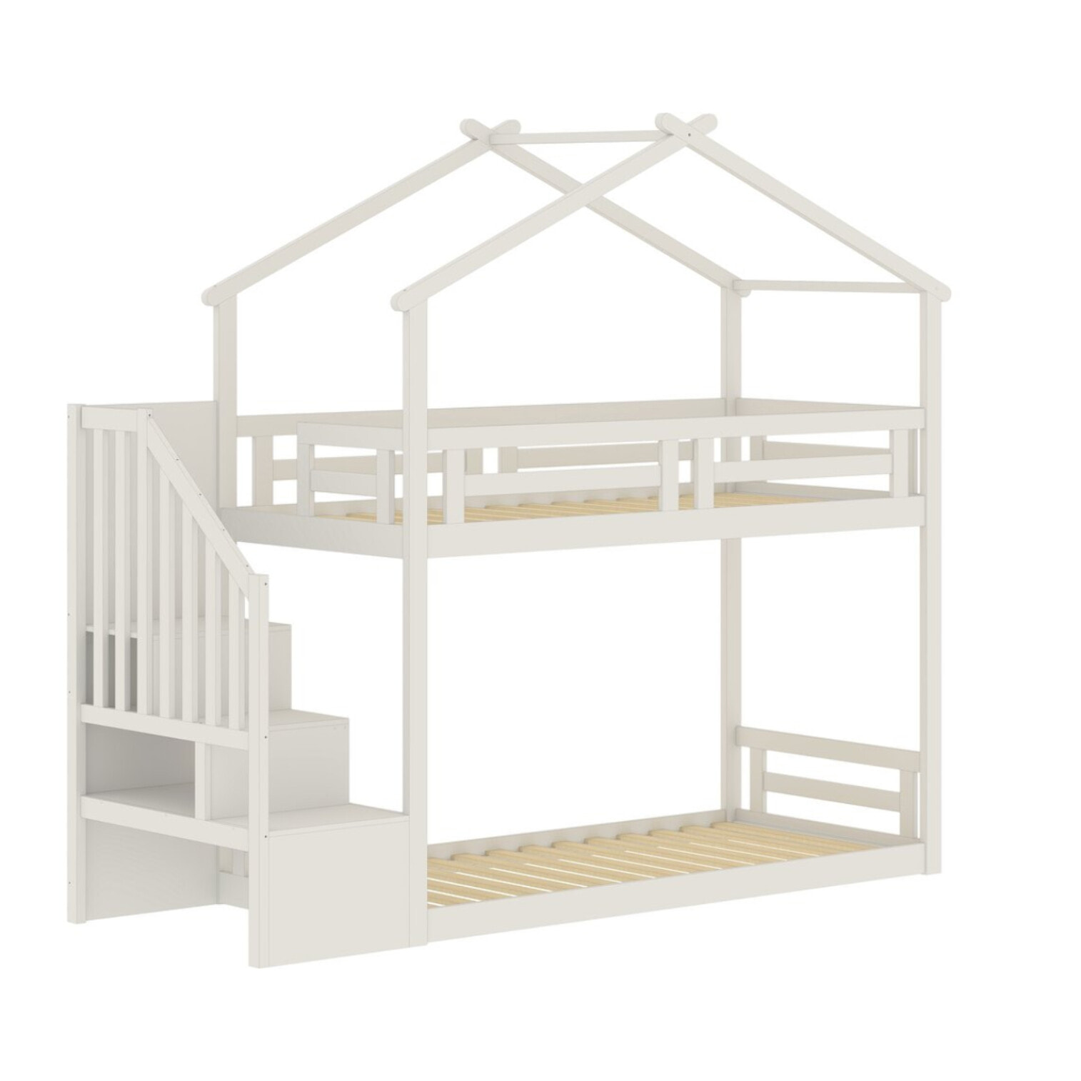 Lit cabane superposé avec escalier en bois "Oriana" - 90 x 190 cm - Beige