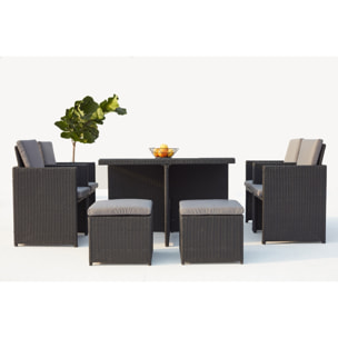 Table et chaises 8 places encastrables en résine noir/gris DALMA