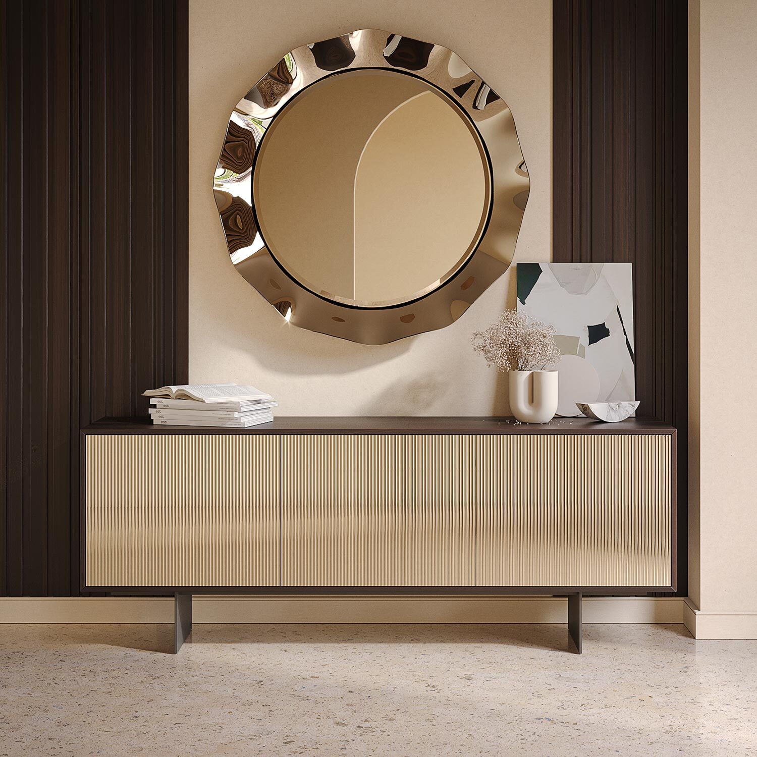 MADIA VESIRA CANNETE 3 ANTE - STRUTTURA ROVERE SCURO, GRIGIO CARBONE, ANTA SPECCHIO BRONZATO