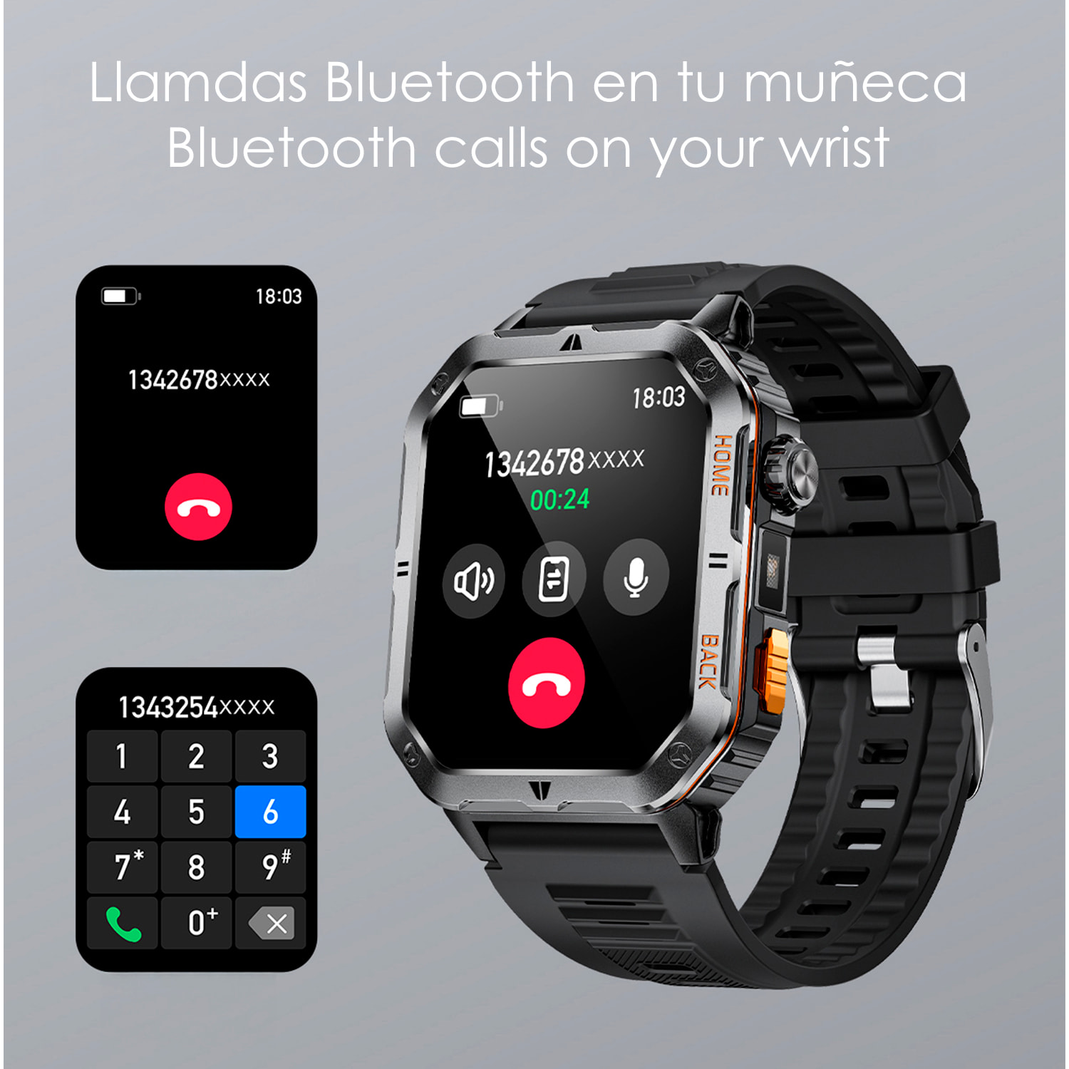 Smartwatch MT62 con corona multifunción inteligente, más de 100 modos deportivos. Batería larga duración con 1000mAh y linterna.