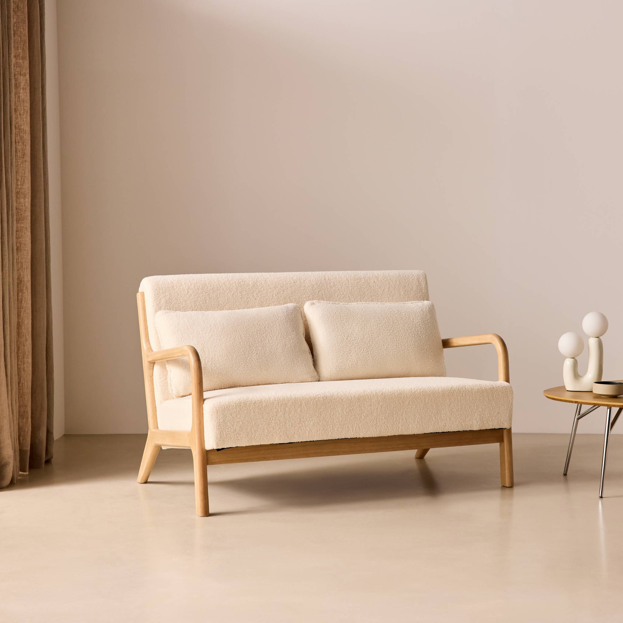 Banquette scandinave 2 places bois d'hévéa et bouclette LORENS