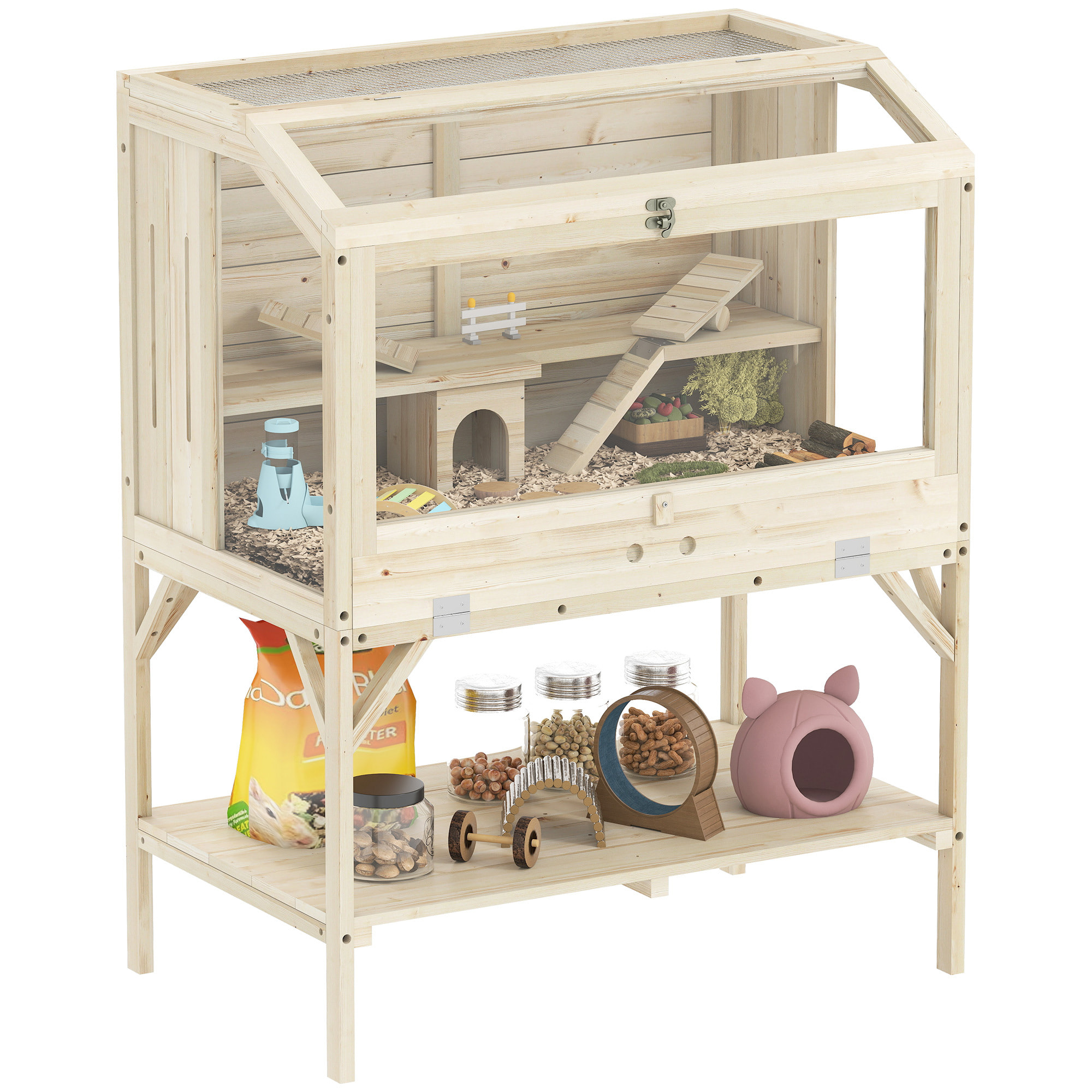 Cage hamster rongeur en bois - 2 niveaux - étagère - accessoires - 84 x 53 x 110 cm