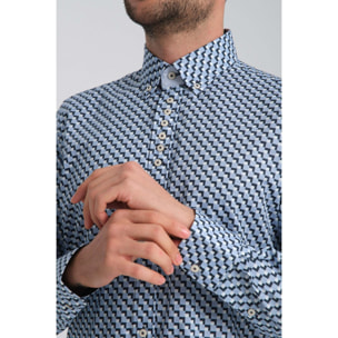 Camicia Uomo 1 Bottoni Button Down Slim Popeline Stretch Stampato Blu/Celeste