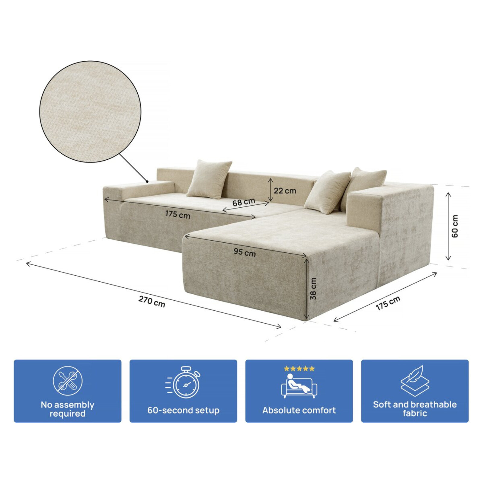 Canapé d'angle en tissu texturé "Tessaro" - 4 places - Beige