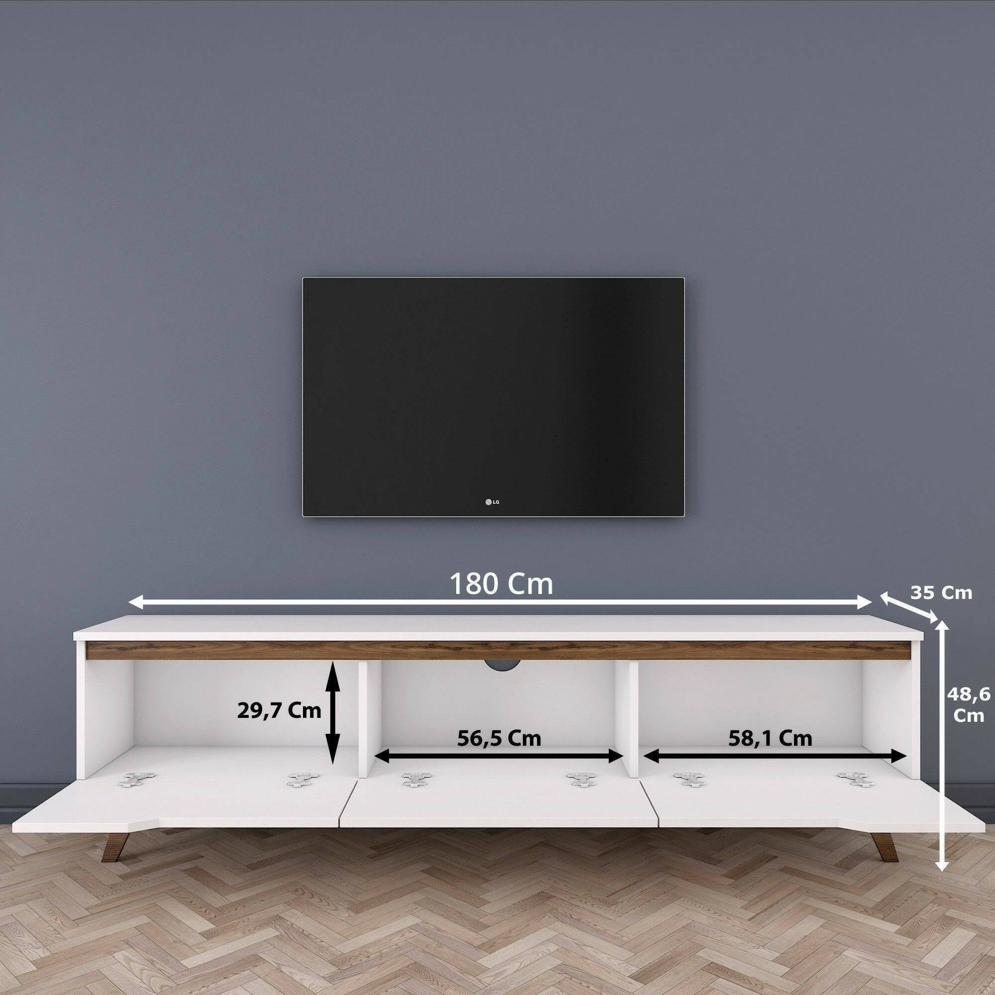 Mobile porta TV Apatite, Credenza da soggiorno, Armadio basso per TV, Base parete attrezzata, 180x35h49 cm, Bianco e Noce