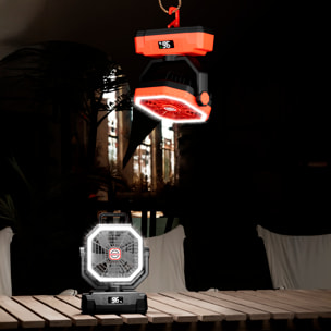 Ventilatore P60 con motore senza spazzole, LED con 32 luci, 5 velocità e 3 livelli di luminosità. Oscillazione di 120° e angolo regolabile di 90°. Con gancio per appendere e powerbank da 20000 mAh.