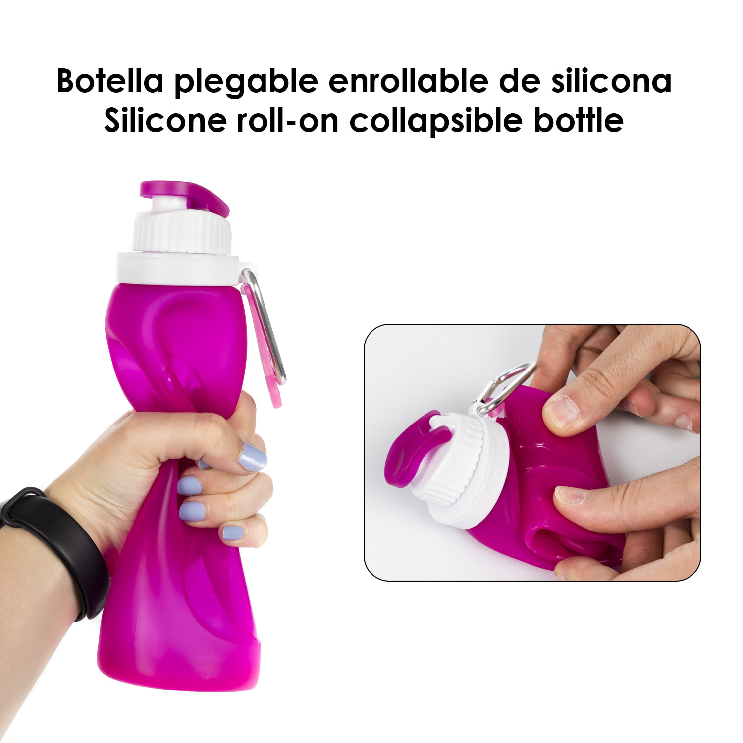 Bottiglia pieghevole arrotolabile da 500 ml, in silicone di grado alimentare. Con moschettone.