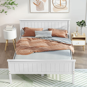 Lit double bois de pin blanc rainuré - tête de lit, pied de lit et sommier - 210L x 148l x 82H cm - compatible matelas 200L x 140l cm
