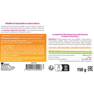 VITAMIN'22 - Gommes immunité - à Base de Vitamine D, Propolis et Échinacée - Booste les défenses immunitaires - Au délicieux goût de cerise - 60 gommes