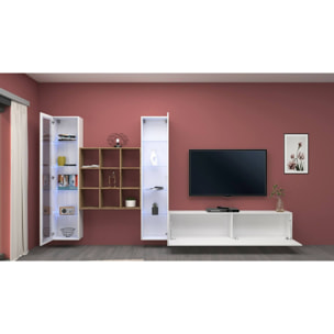 Parete attrezzata Egidio, Set salotto porta TV a 3 ante, Mobile soggiorno multiuso con vetrina e luce LED, 100% Made in Italy, cm 350x30h180, Bianco lucido e Acero