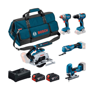 Kit 5 outils 18V - GSR 18V-65 + GDX 18V-285 + GKS 18V-57-2 + GOP 18V-34 + GST 18V-125 S + 2 x 5,0 Ah + GAL 12V/18V-80 + Sac - BOSCH - 0615A500BV
