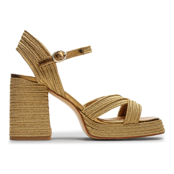 Sandalias de tacón de mujer Valle en acabados trenzados y metalizados