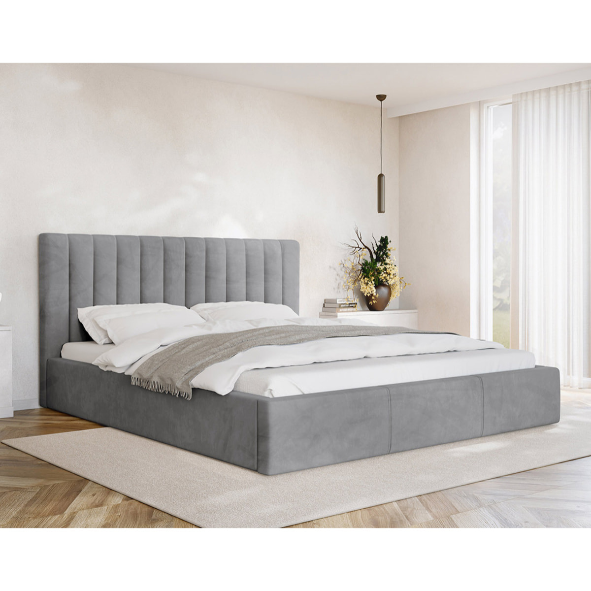 Rosario - lit coffre - 140x200 - sommier inclus - en velours - Gris