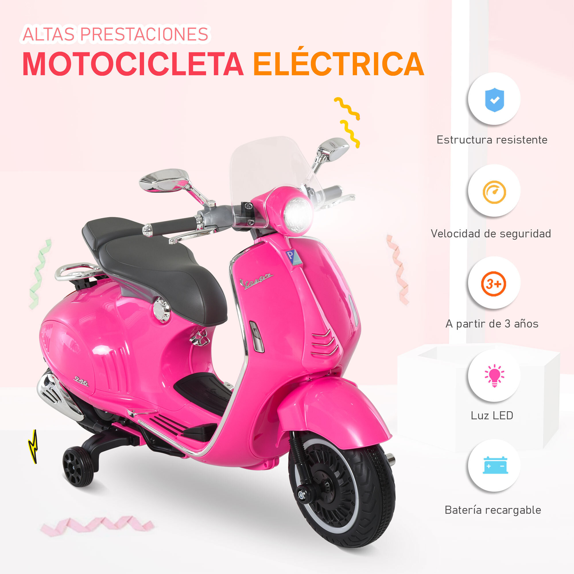 Moto Eléctrica con Faros Música 2 Ruedas Auxiliares Rosa