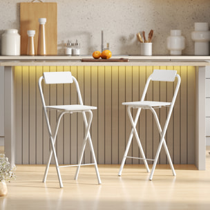 Juego de 2 Taburetes de Bar Plegables Taburetes Altos de Cocina con Respaldo Reposapiés y Marco de Acero para Comedor Mostrador Blanco