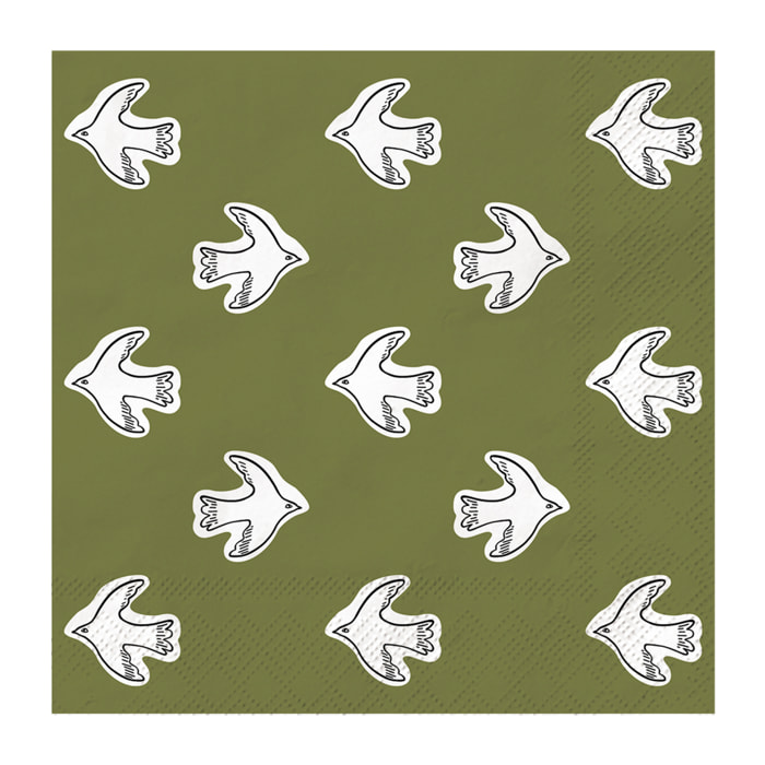 Lot de 20 serviettes en papier motif oiseaux - Kaki