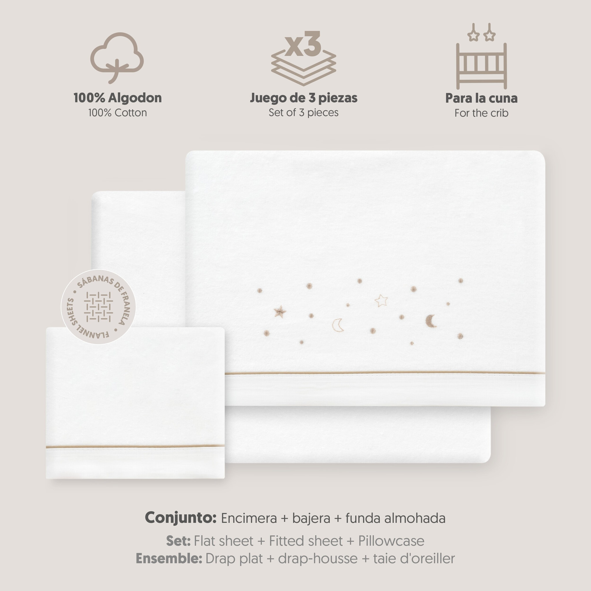 Juego de Sábanas de Cuna Franela Estrellas Luna