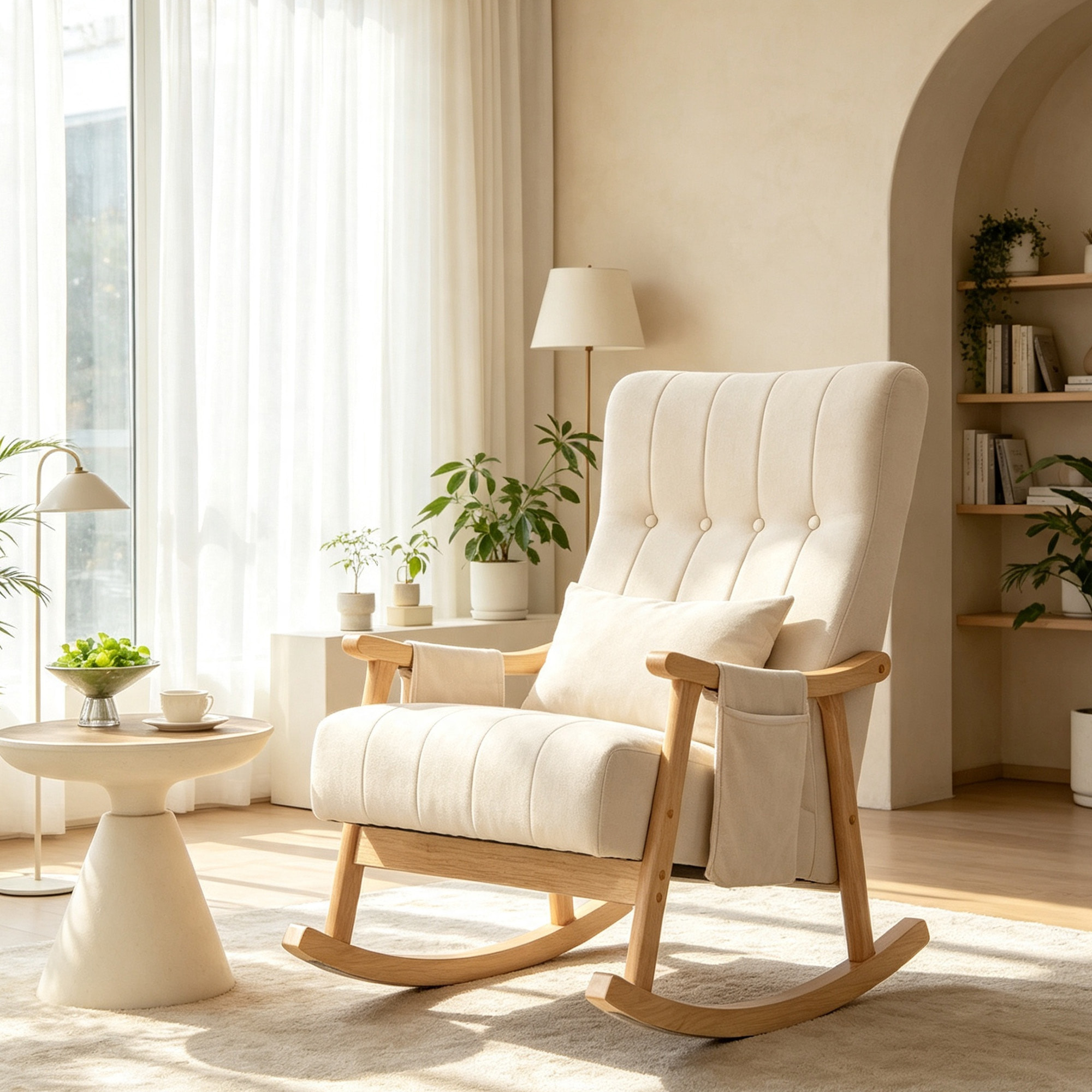 Fauteuil à bascule style Chesterfield bois tissu toucher lin beige