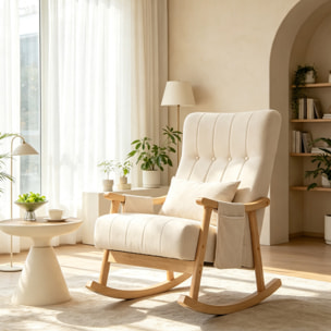 Fauteuil à bascule style Chesterfield bois tissu toucher lin beige