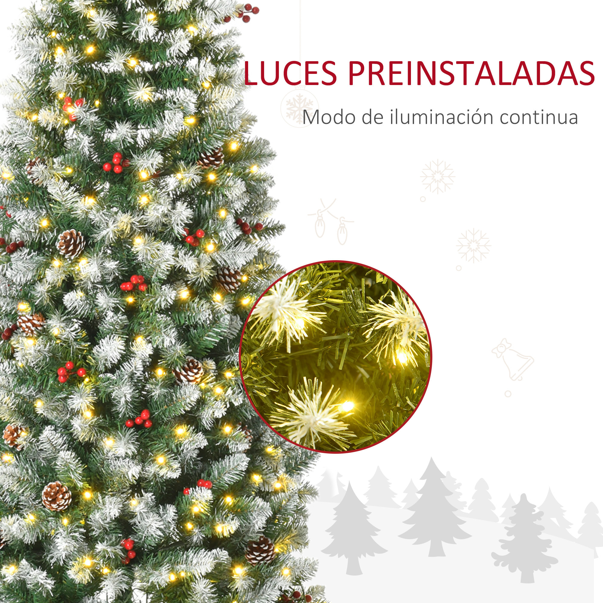 árbol de Navidad Nevado Artificial 180 cm con 300 Luces LED Blanco Cálido 618 Ramas Ignífugas de PVC Decoraciones Incluidas y Base Plegable Ø65x180 cm Verde