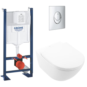 Lot WC modèle suspendu Universo TwistFlush blanc CeramicPlus + bâti et plaque chromée GROHE