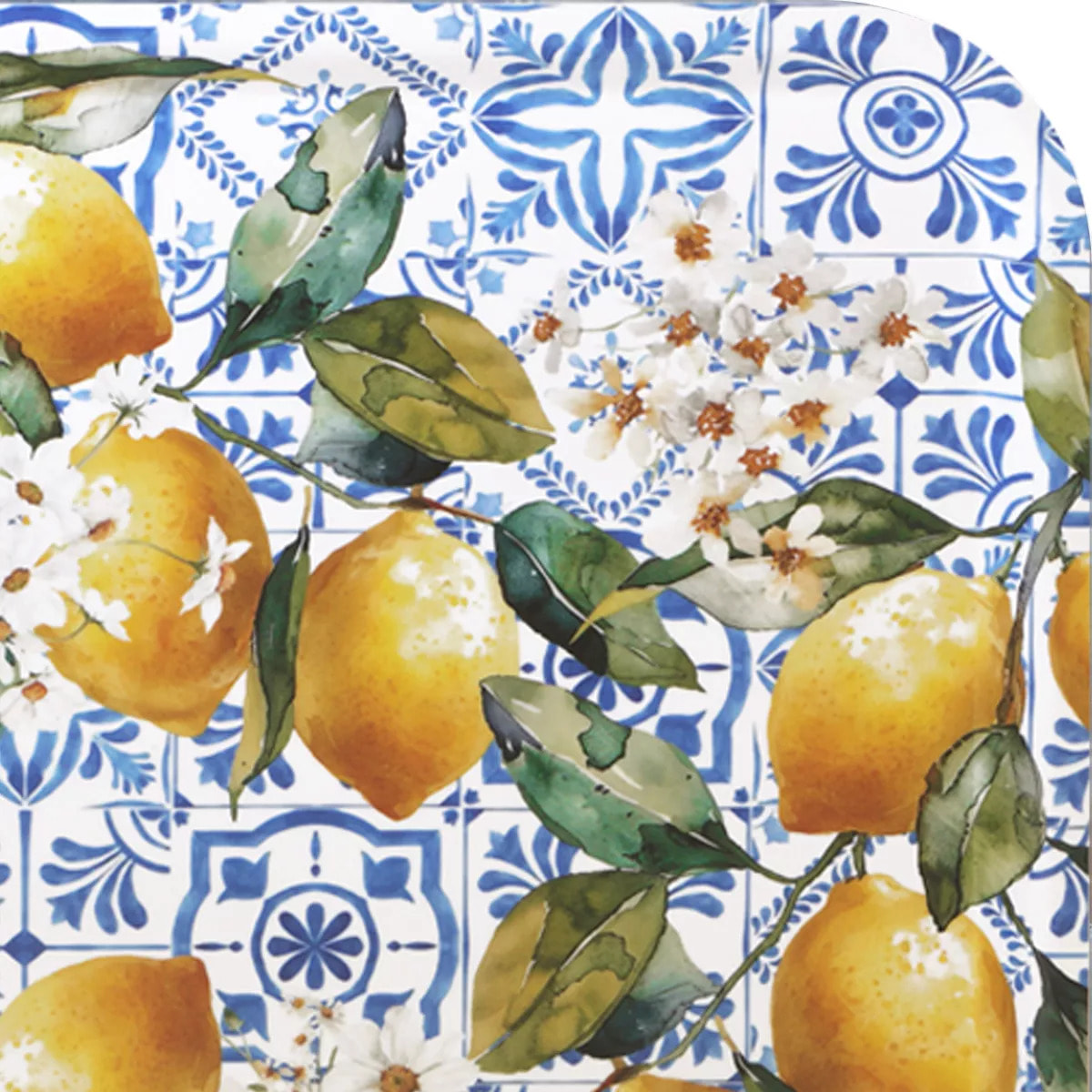 Plateau bois imprimé jaune vert Citrons azulejos bleu