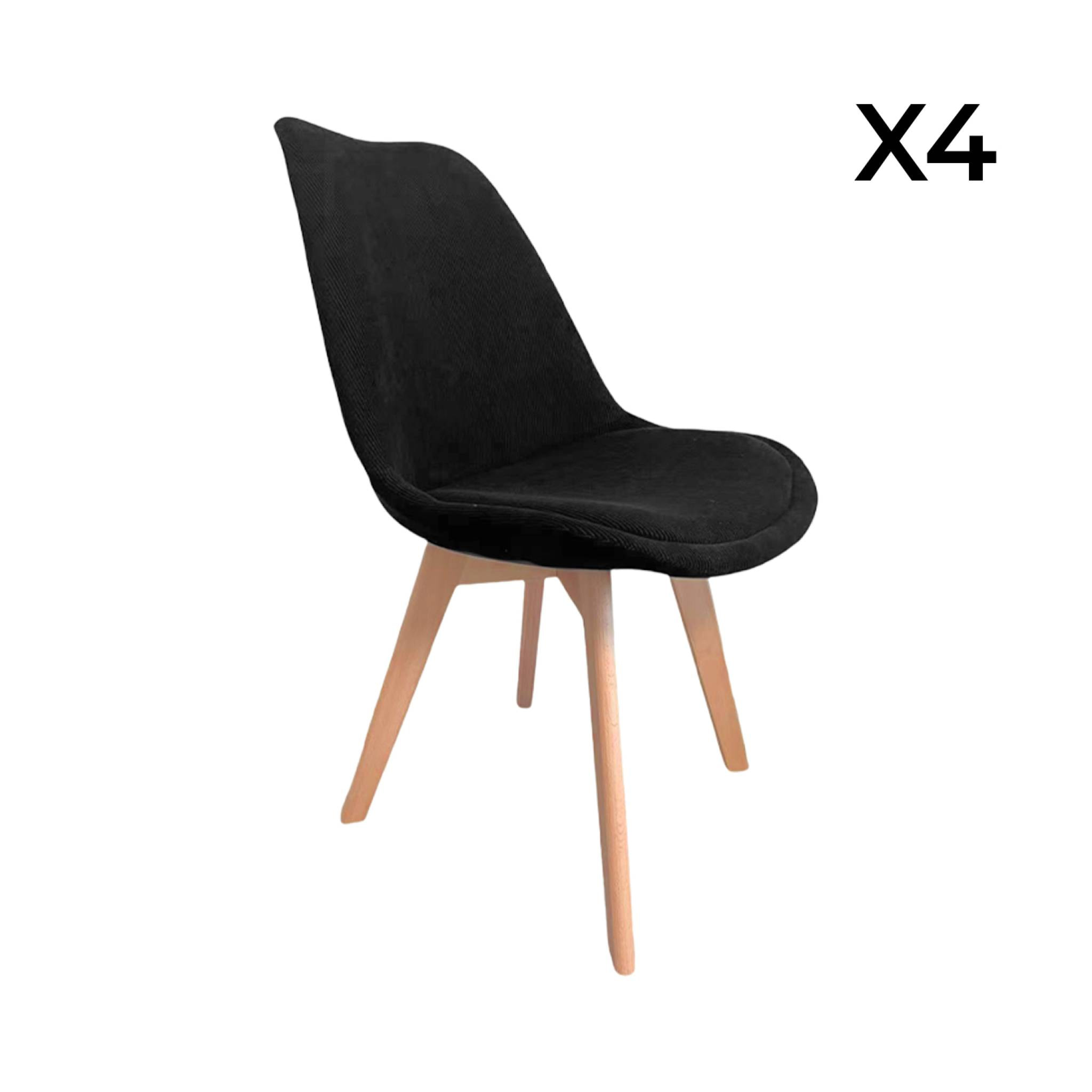 Lot de 4 chaises scandinaves revêtement velours côtelé noir. pieds bois de hêtre - Nils