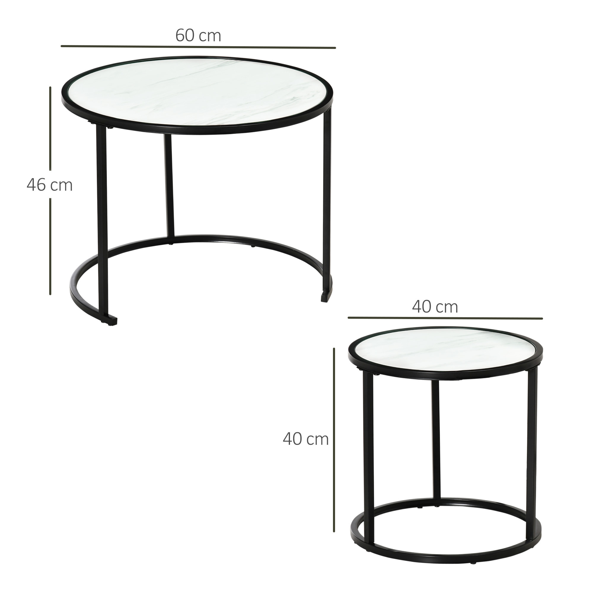 Lot de 2 tables basses rondes gigognes empilables métal noir aspect marbre blanc