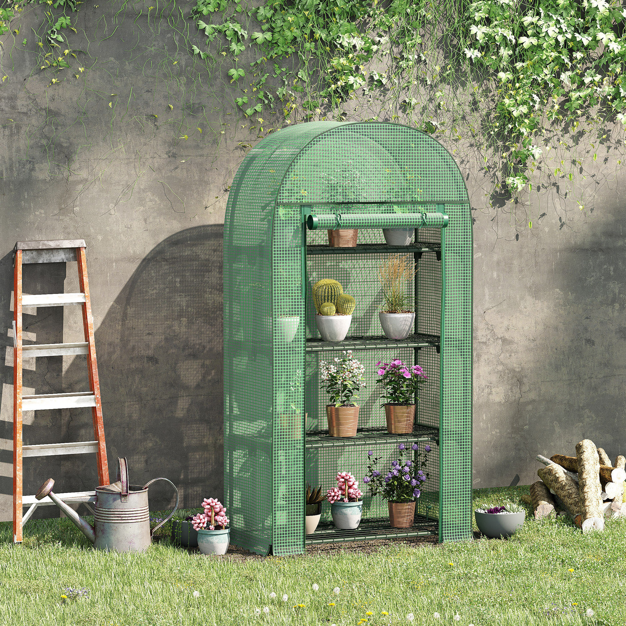Invernadero de Jardín con 4 Estantes Metálicos Puerta Enrollable y Cubierta de PE Vivero Casero de Terraza para Cultivo Plantas Flores Macetas 80x49x160 cm Verde