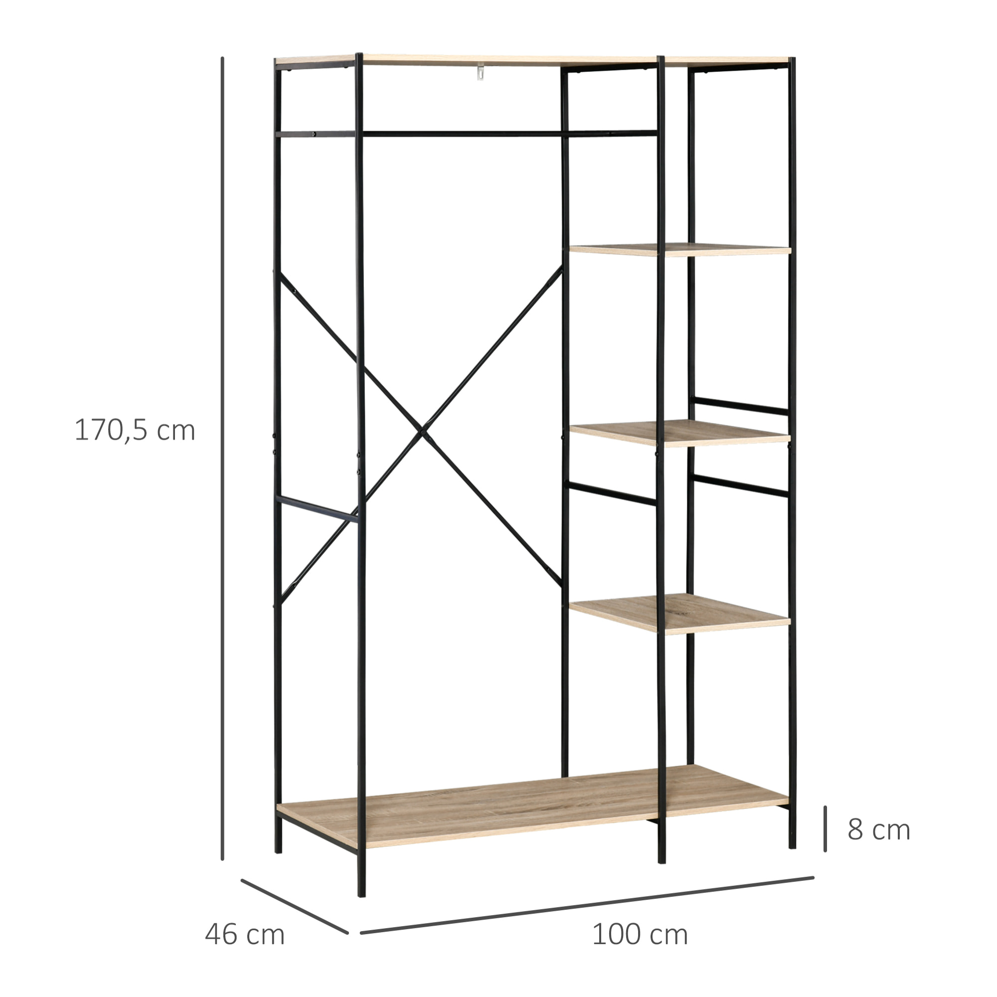 Perchero de Ropa Perchero de Madera con 4 Estantes de Almacenaje y Barra para Colgar Carga 30 kg para Dormitorio Salón Entrada 100x46x170,5 cm Natural
