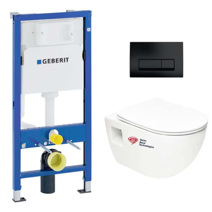 Pack Bâti-support Geberit + WC sans bride Swiss Aqua Technologies + abattant SoftClose + plaque noir mat (ProjectGeb10)