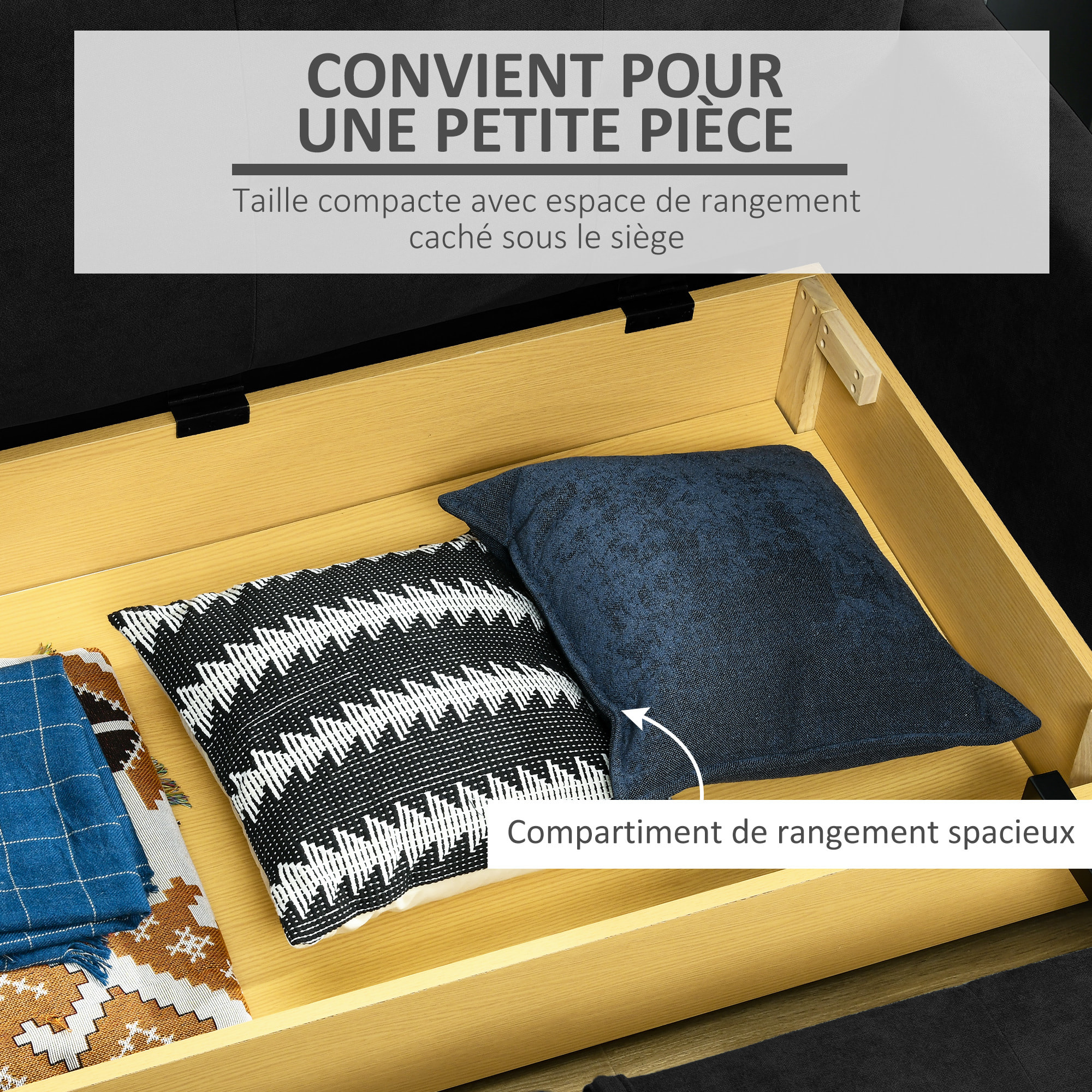 Canapé convertible 2 places canapé-lit clic clac 2 coussins inclus coffre de rangement intégré tissu anthracite