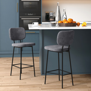 Lot de 2 tabourets de bar style néo-rétro piètement acier noir repose-pied intégré tissu gris