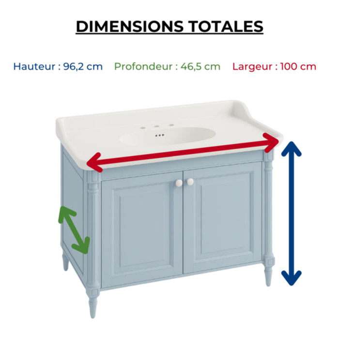 Pack meuble vasque 3 trous Cléo 1889 bleu velours + miroir + mélangeur poignés or