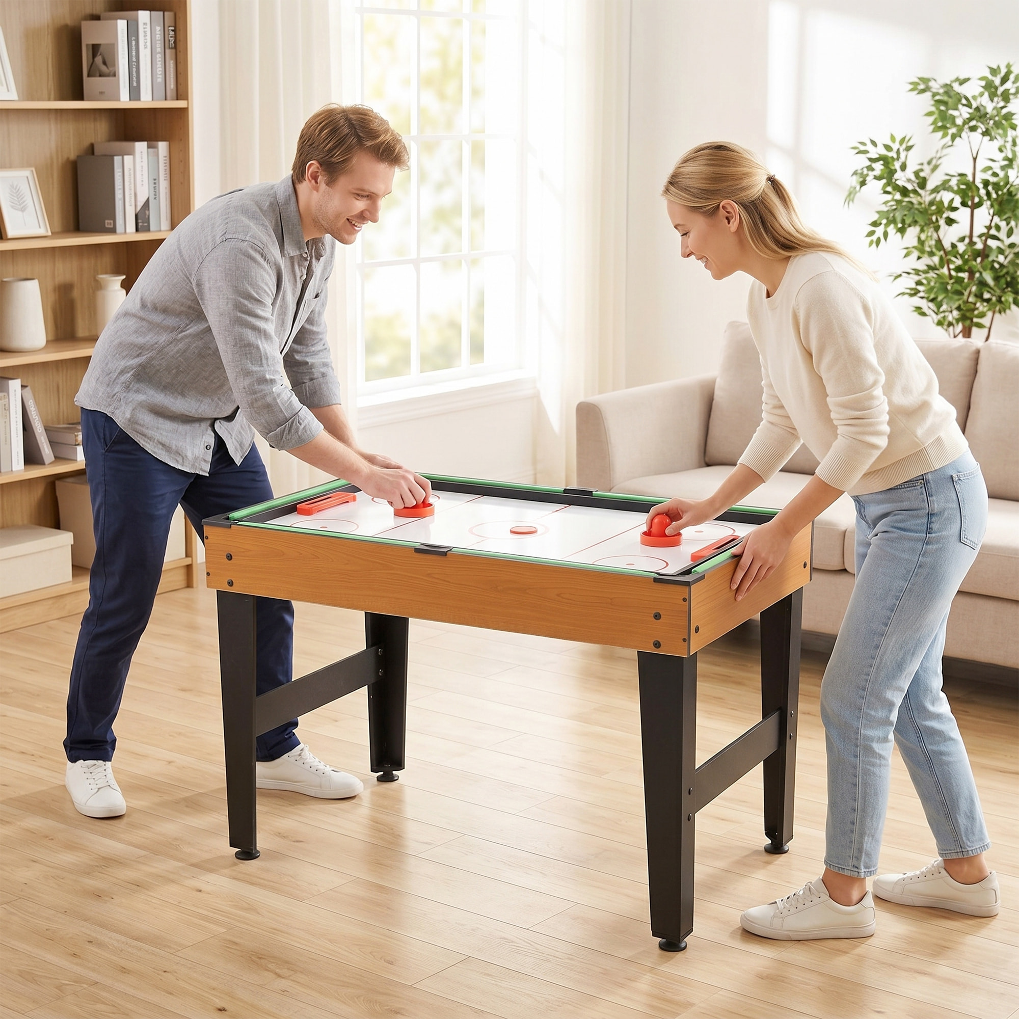 Mesa Multijuegos 4 en 1, Mesa de Juegos con Futbolines, Billar, Hockey, Ping Pong y Accesorios, Fácil Montaje, Compacta, Diversión Familiar para Adultos y Niños, 107x61x84,5 cm, Natural y Negro
