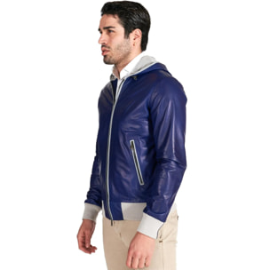 Giacca bomber in pelle blu elettrico con cappuccio