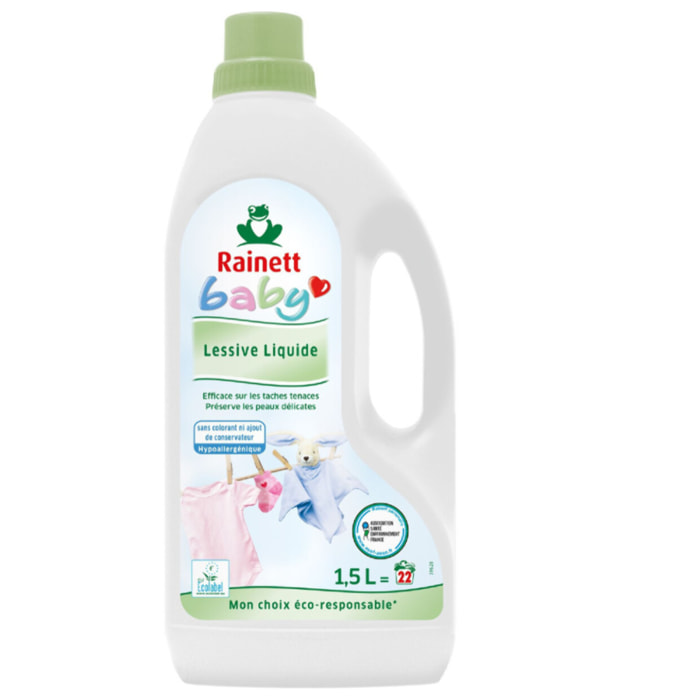 Pack de 5 - Rainett - Baby Lessive Liquide Ecolabel Camomille 1.5l - Bouteille 22 lavages