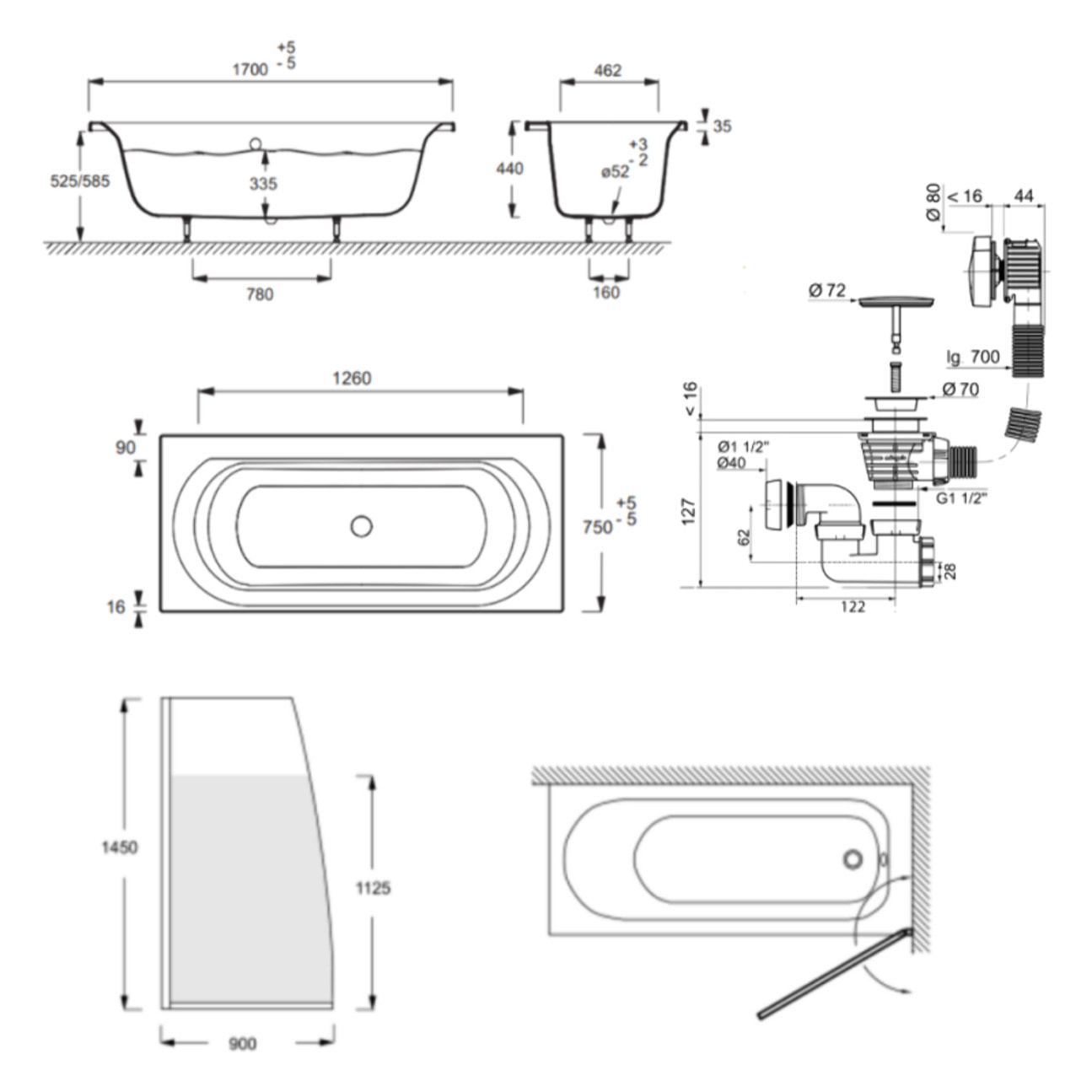 Baignoire droite 170 X 75 Elise acrylique + pare bain volet droite + vidage