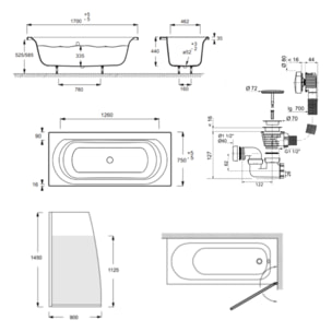 Baignoire droite 170 X 75 Elise acrylique + pare bain volet droite + vidage