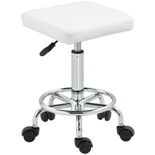 Taburete Giratorio Taburete con Ruedas Altura Regulable 50-66 cm Asiento Tapizado de Cuero Sintético Reposapiés para Salones y Talleres Blanco