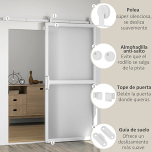 Herrajes para Puertas Correderas 200 cm, Kit de Accesorios para Puerta Corredera con 2 Rieles de Acero al Carbono y Guía de Suelo, para Garaje, Armario, Blanco