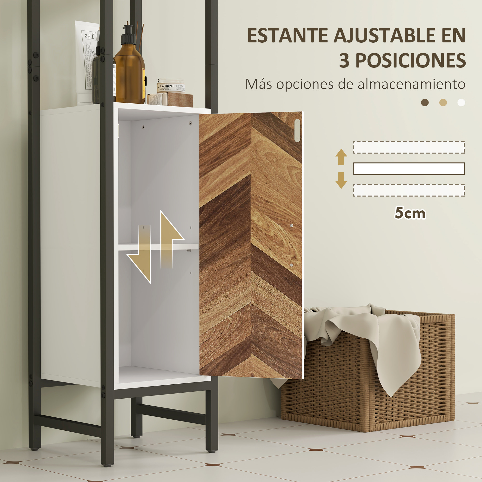 Columna de Baño Armario Alto de Baño con 3 Estantes Abiertos 1 Puerta y Estante Ajustable Mueble Auxiliar de Baño con Sistema Anti-vuelco 30x30x170 cm Blanco y Nogal
