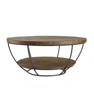 ALIDA - Table basse coque ronde 80x80cm double plateau teck recyclé métal noir