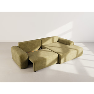 Rebecca - canapé d'angle droit 4 places convertible avec coffre en velours texturé - Vert Olive