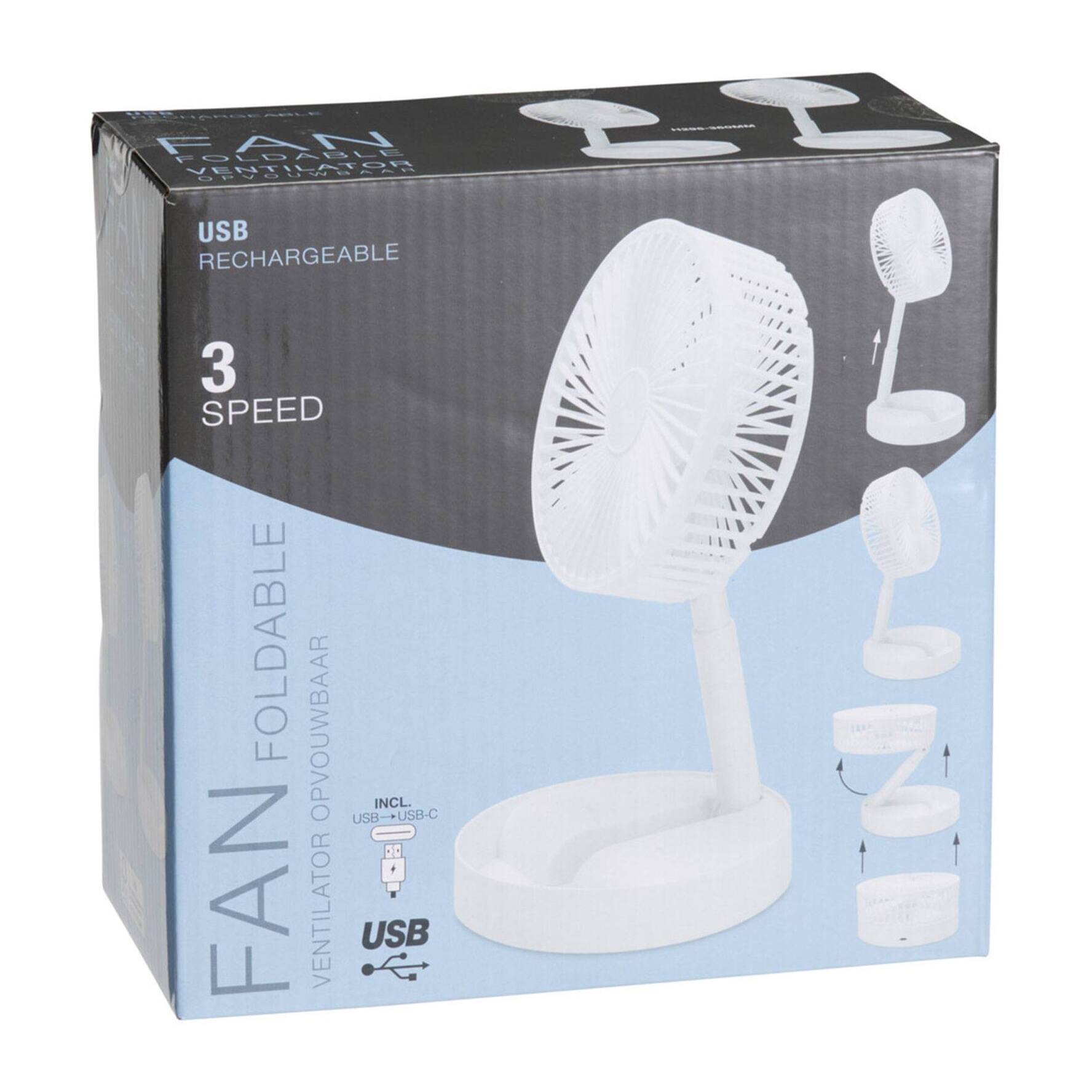 Ventilador USB plegable, Ø16,5cm, 3 velocidades, batería 1200mAh, blanco