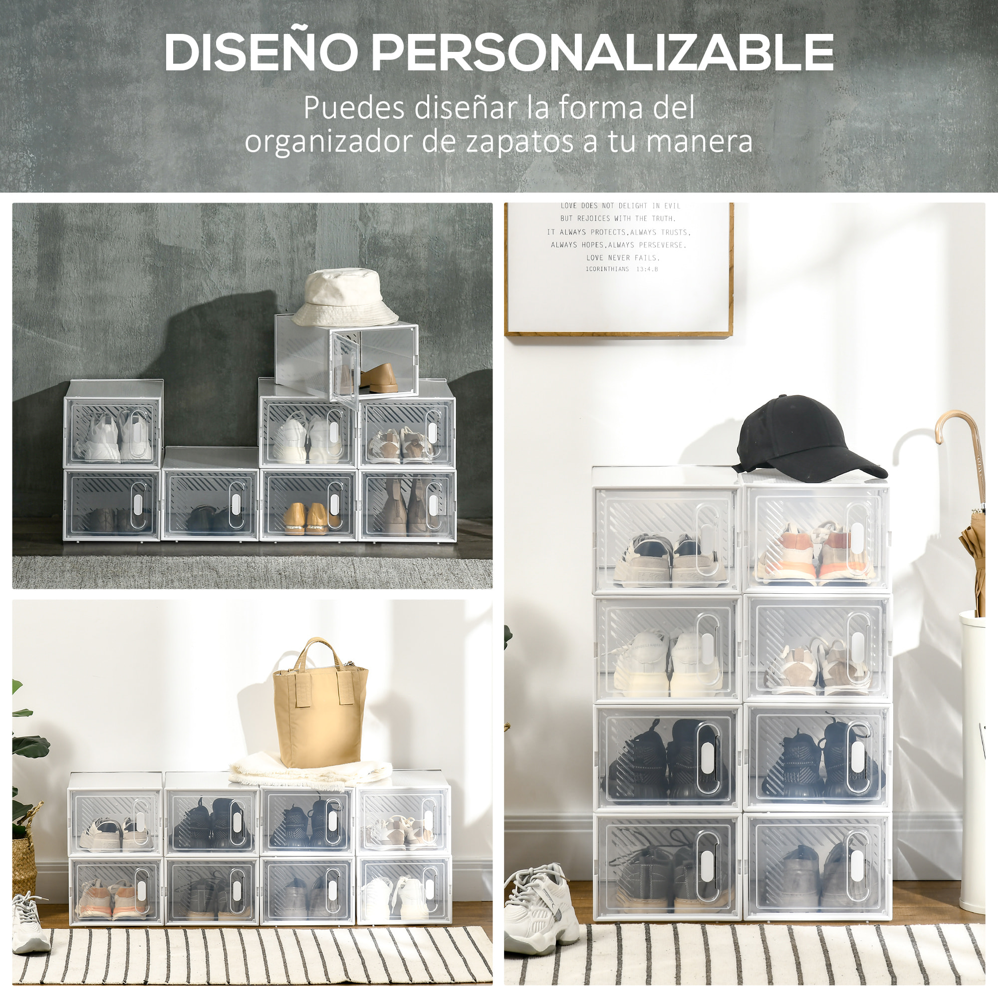 HOMCOM Armario Modular de Plástico Cajas de Zapatos Talla de 43 con 8 Cubos Puertas Magnéticas Muble Organizador para Entrada Pasillo Dormitorio 25x35x19 cm Transparente
