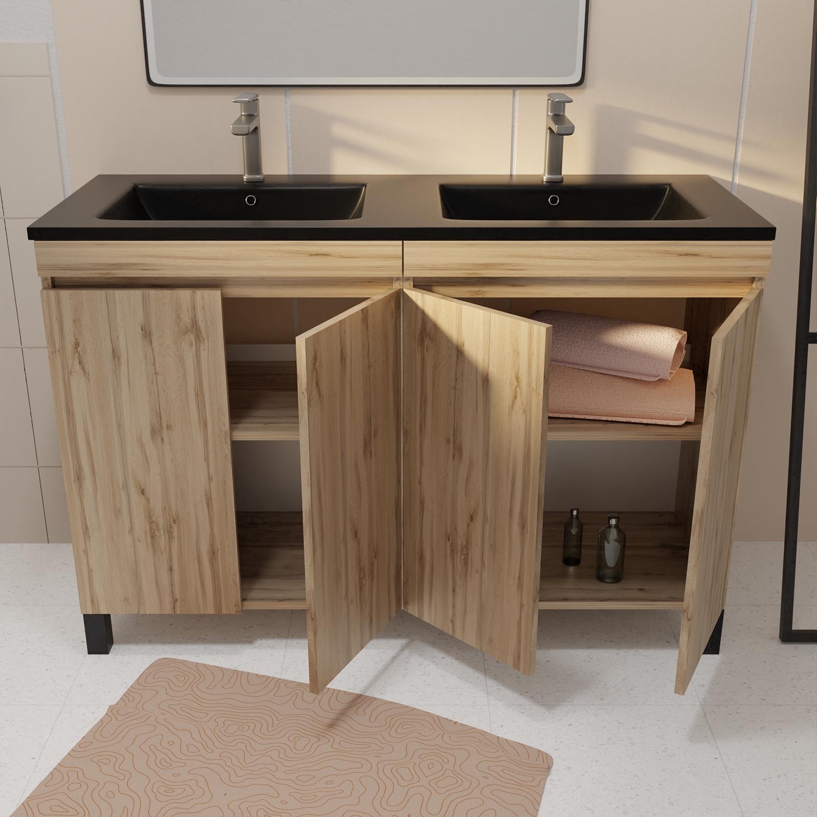 Meuble de salle de bains 120 cm 4 Portes Chêne Naturel + Vasque Double Céramique Noire - TIMBER